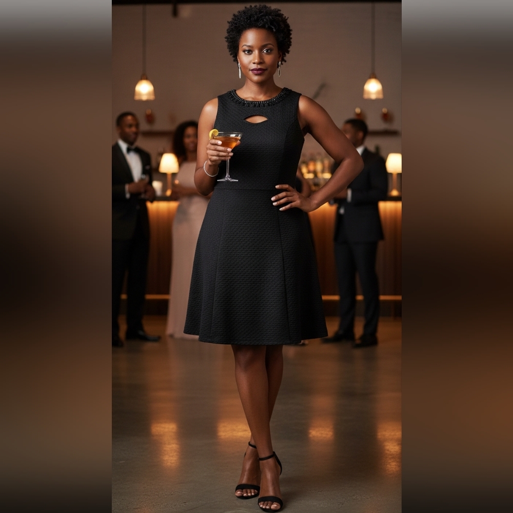 Ashley Stewart Black Textured Midi Dress